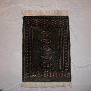 Vtg Pakistan Rug Hand Knotted Woven Wool Door Carpet Dk Green Small 2.3 x 1.6ft